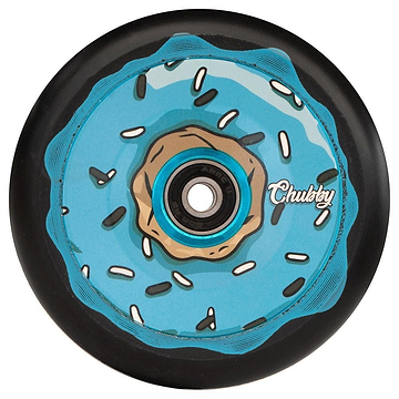 Close-up of the Chubby Doughnut 110mm Hollowcore Stunt Scooter Wheel in Oreo Blue, highlighting its playful donut design. The wheel features a blue icing pattern with white sprinkles and a brown center, resembling a real donut. The name "Chubby" is visible on the right side, accentuating its lightweight and fun aesthetic.