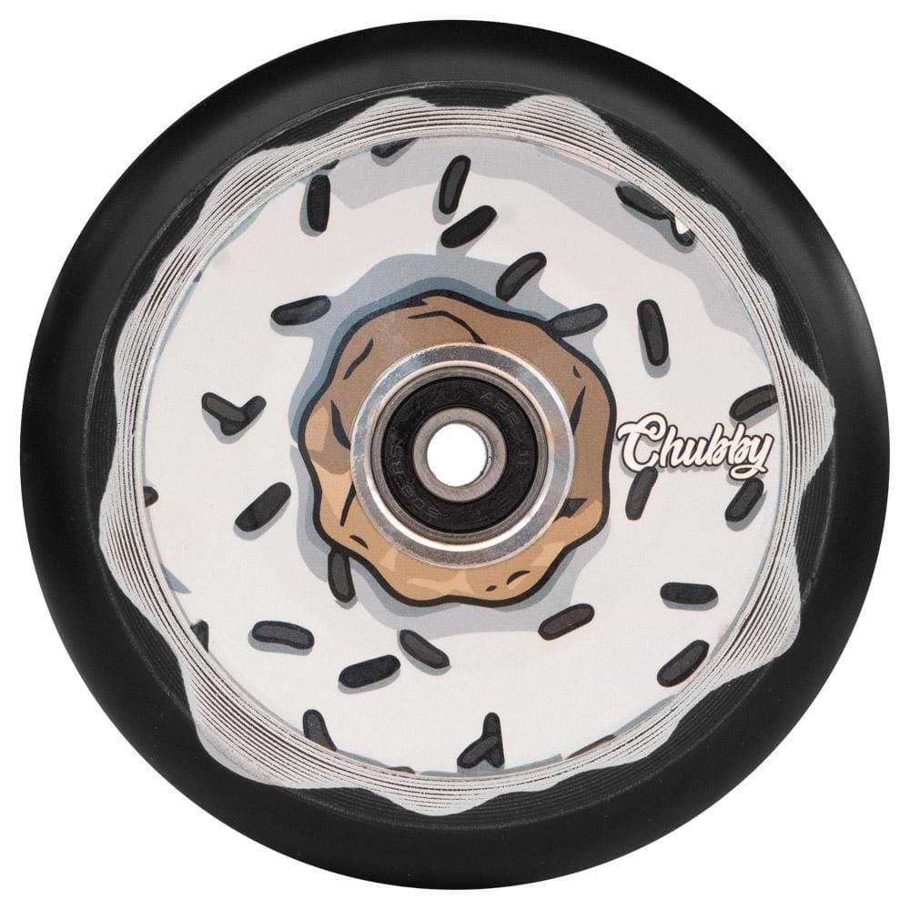 Close-up of the Chubby Doughnut 110mm Hollowcore Stunt Scooter Wheel in Oreo White, designed to resemble a donut with white icing and black sprinkles. This eye-catching hydrographic design includes a central bolt and proudly displays the brand name "Chubby" on the side, adding flair to your lightweight scooter wheel setup.