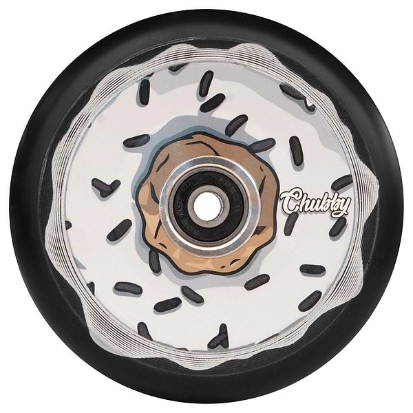 Close-up of the Chubby Doughnut 110mm Hollowcore Stunt Scooter Wheel in Oreo White, designed to resemble a donut with white icing and black sprinkles. This eye-catching hydrographic design includes a central bolt and proudly displays the brand name "Chubby" on the side, adding flair to your lightweight scooter wheel setup.