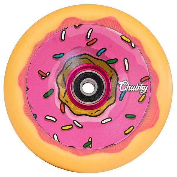 The Chubby Doughnut 110mm Hollowcore Stunt Scooter Wheel features a playful design resembling a pink frosted donut with rainbow sprinkles, highlighted by a light orange outer wheel. Bearing the name "Chubby," this whimsical wheel is ideal for those who appreciate both fun aesthetics and smooth rides.