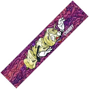 The Chubby Stunt Scooter Griptape - Marshmallow Splatter showcases a chaotic mix of purple and pink swirling patterns. A cartoon character in a dynamic pose, complete with exaggerated features and expressive hands, stands out prominently. The word "CHUBBY" is printed on the right side, evoking the vibrant style found on griptape at the skatepark.