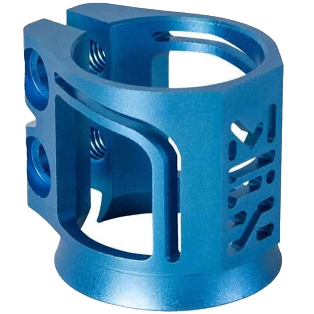 The Madd Gear MGP MFX X2 Cobra 2 Bolt Oversized Stunt Scooter Clamp in blue boasts a sleek anodized finish and is crafted from durable T6 aluminum alloy. It features a distinctive cutout design with multiple screws to enhance both strength and style.