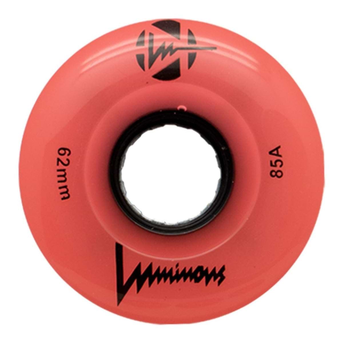The Luminous LED 85A Quad Roller Skate Wheel in Coral Glow (62mm) features “Luminous,” “62mm,” and “85A durometer” in black text, a central circular hole, and a lightning-like design on its glowing red surface.
