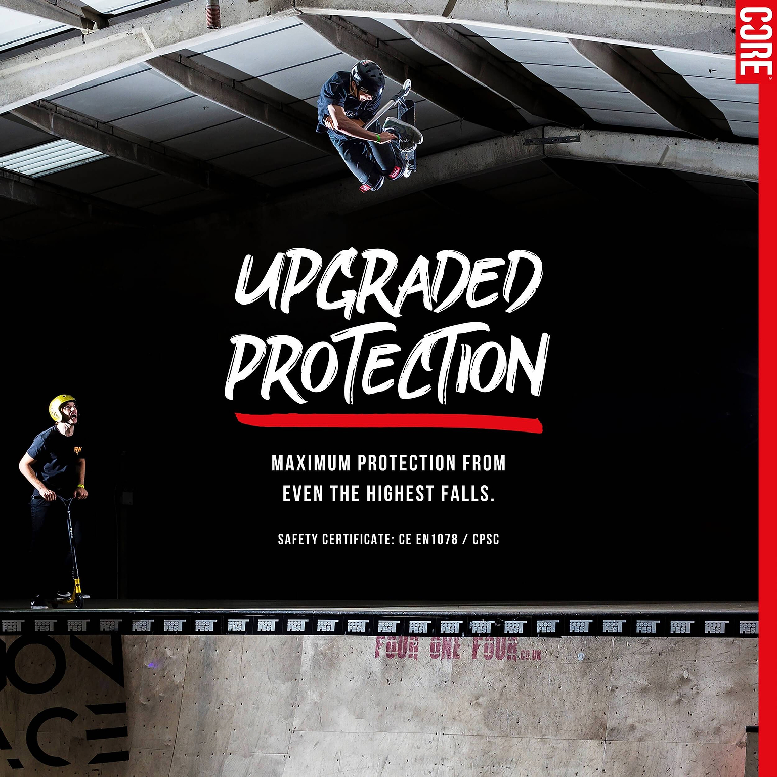 A rider pulls off an aerial trick indoors on a scooter as another person looks on from below. Text reads: “Upgraded Protection. Get maximum safety during intense rides with the CORE Action Sports Skate / Scooter Helmet - Teal, featuring lightweight EPS foam and certified to CE EN1078 / CPSC standards by CORE.”.
