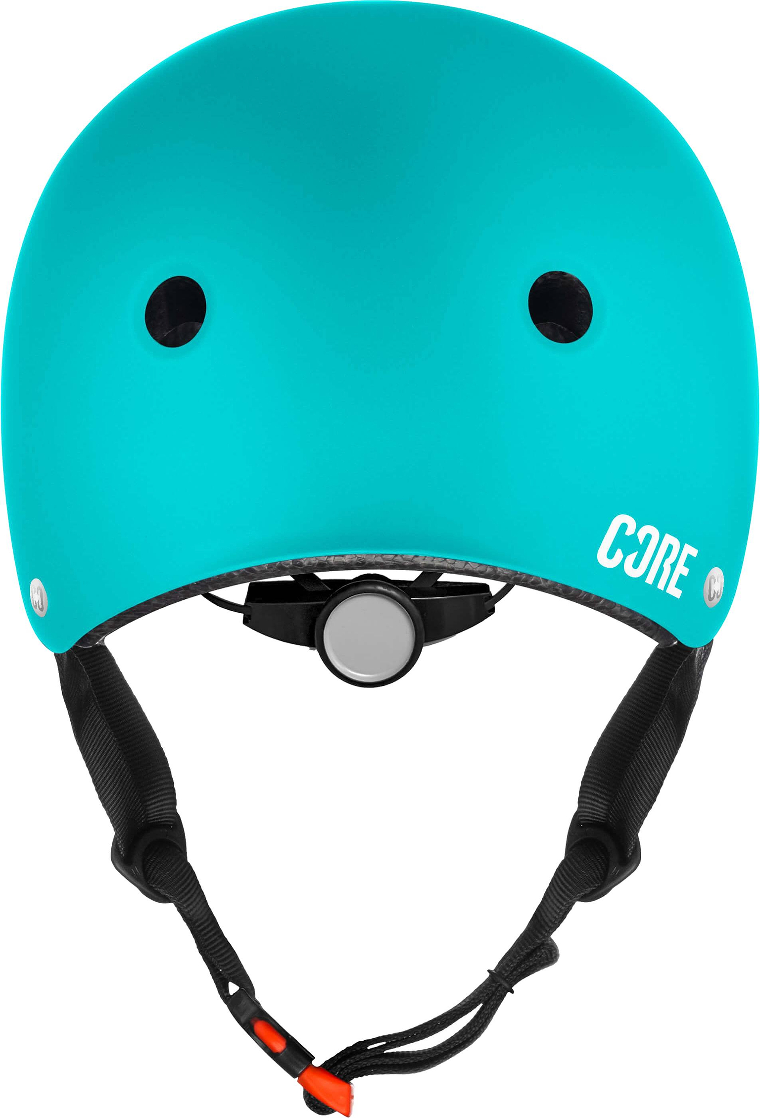 The CORE Action Sports Skate / Scooter Helmet in teal by CORE features black adjustable straps, a back adjustment dial, lightweight EPS foam construction, and two front air vents. The helmet is shown facing forward against a white background.