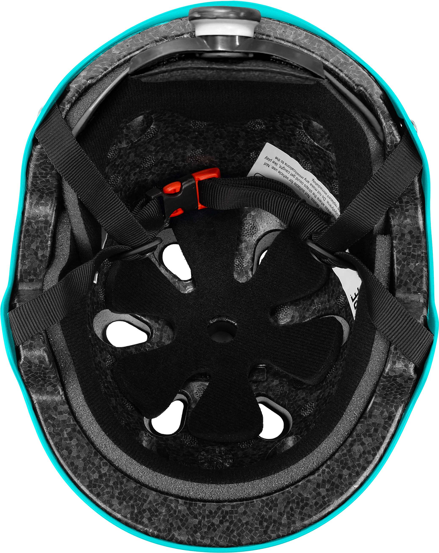 A look inside the CORE Action Sports Skate / Scooter Helmet in teal, featuring black lightweight EPS foam padding, ventilation holes, adjustable straps, and a red buckle.