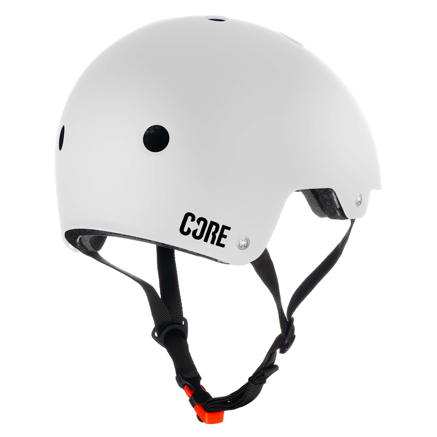 The CORE Action Sports Skate / Scooter Helmet in white features a sleek design with ventilation holes, black adjustable straps, and a red buckle, combining comfort and style. Brand: CORE.