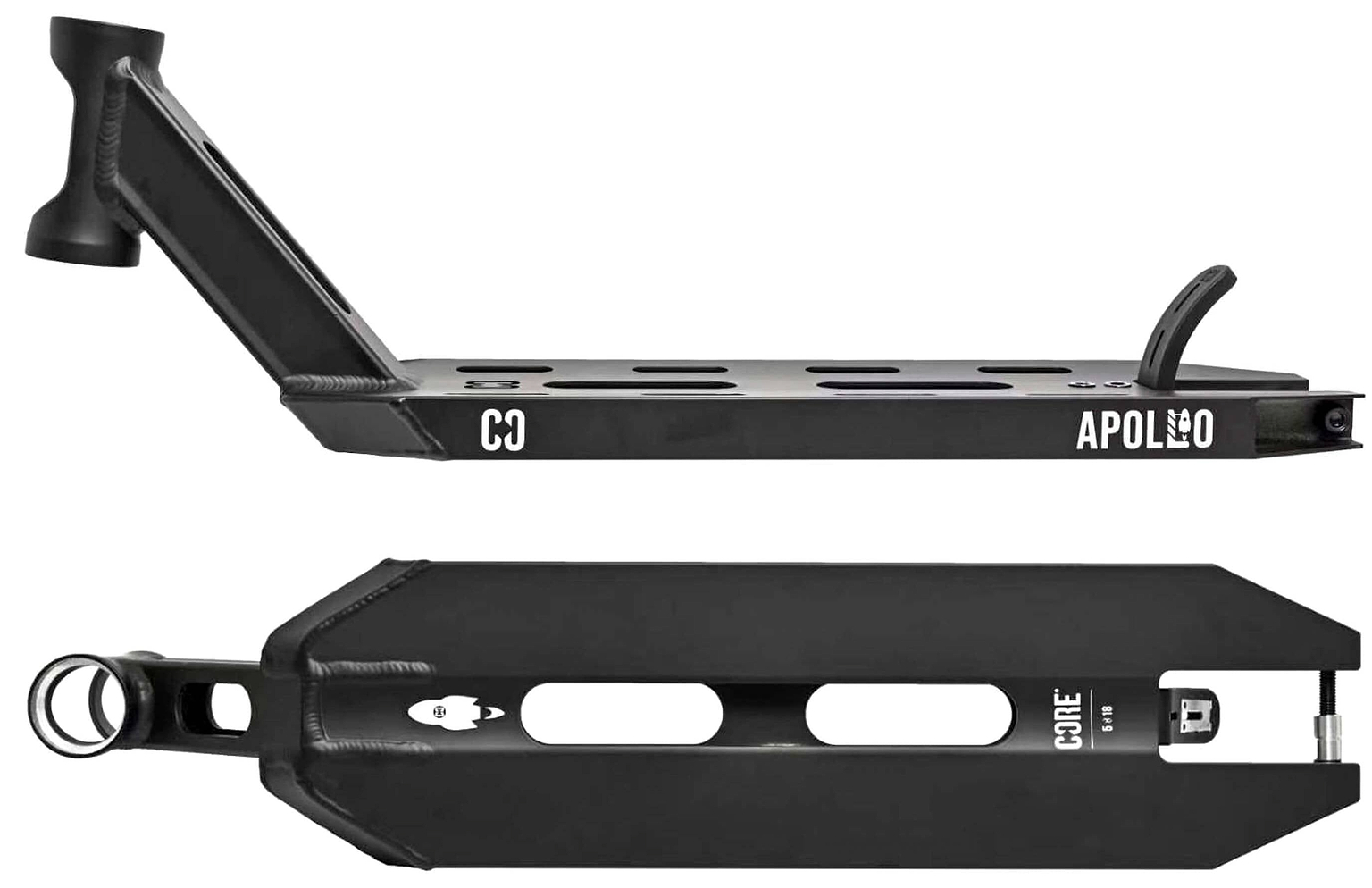 The CORE Apollo Black Stunt Scooter Deck - 5" features "APOLLO" and "CO" on the side, a cutout design on the bottom with "CORE" near the rear, showcasing its lightweight yet durable CORE brand construction.