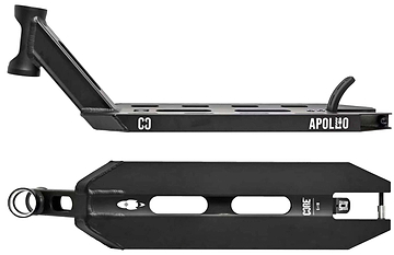 The CORE Apollo Black Stunt Scooter Deck - 5" features "APOLLO" and "CO" on the side, a cutout design on the bottom with "CORE" near the rear, showcasing its lightweight yet durable CORE brand construction.