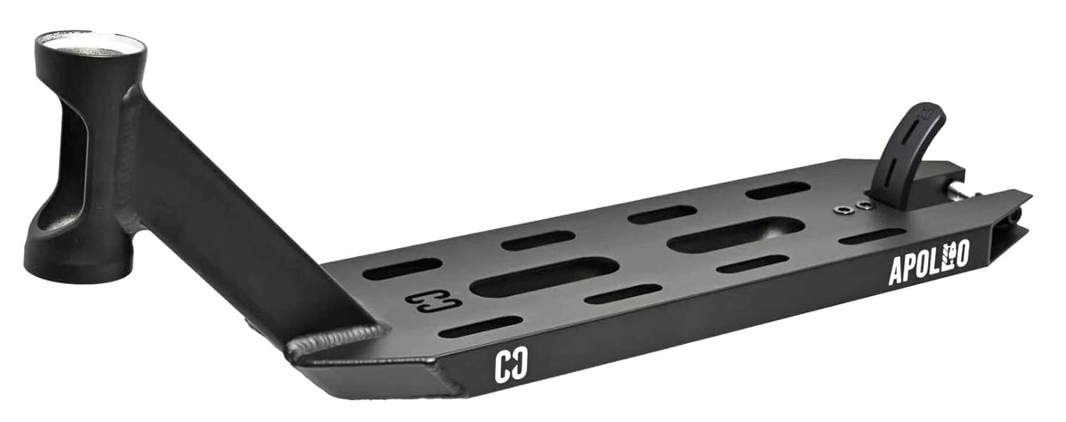 The CORE Apollo Black Stunt Scooter Deck - 5" features cut-out slots, an angled neck, a white "APOLLO" logo on the side, and a rear brake. The durable CORE deck is shown on a white background.