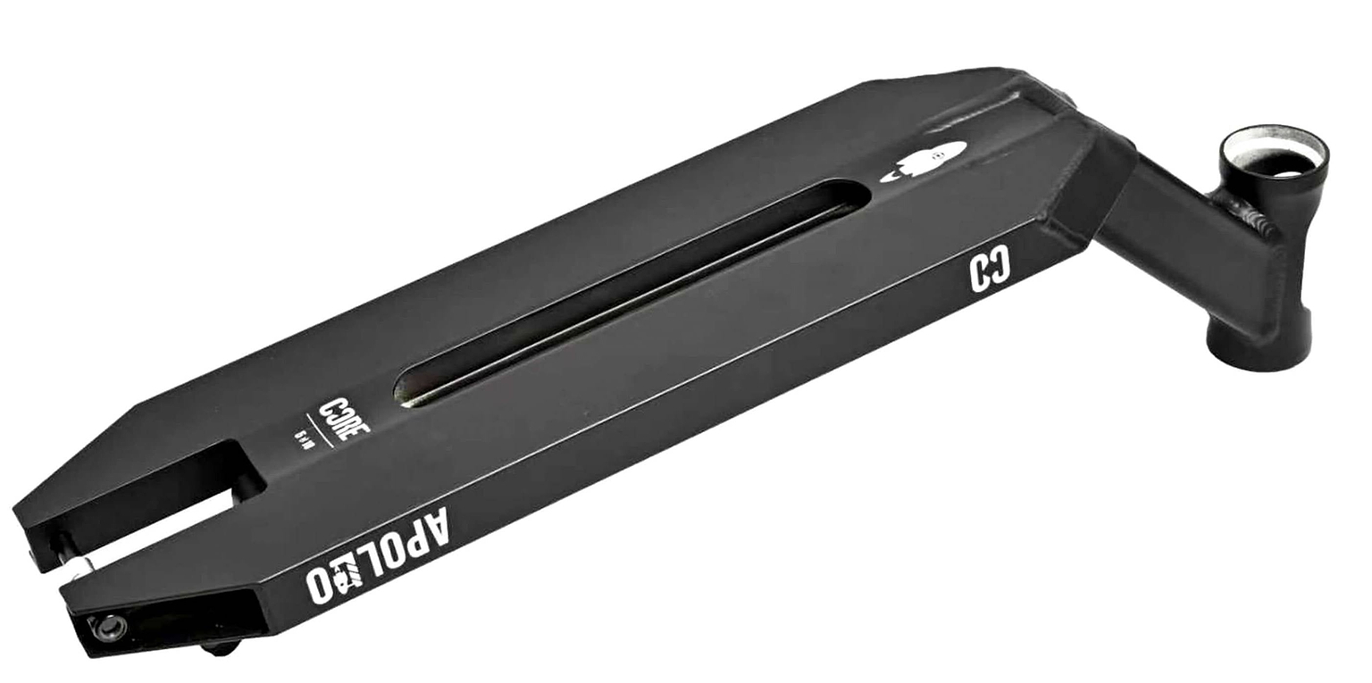 The CORE Apollo Black Stunt Scooter Deck - 5" is a lightweight, black deck with a center cutout, white "CORE" and "APOLLO" branding, and an angled neck—ideal for stunt scooter riders.