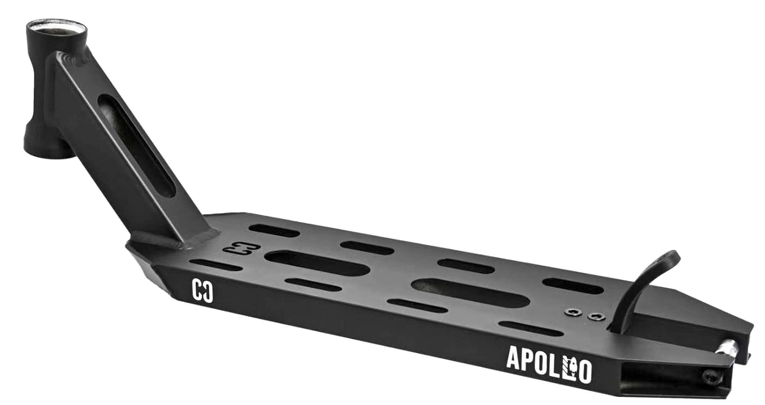 The CORE Apollo Black Stunt Scooter Deck - 5" features cut-out slots, an angled head tube, "APOLLO" in white lettering, a flat platform, and an upward curved back end for style and performance.