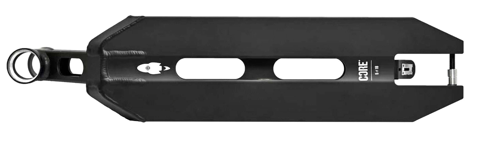 The CORE Apollo Black Stunt Scooter Deck - 5" features a rectangular, lightweight black design with two long center cutouts, visible welds, a rounded head tube on the left side, and "CORE" branding printed on the side.