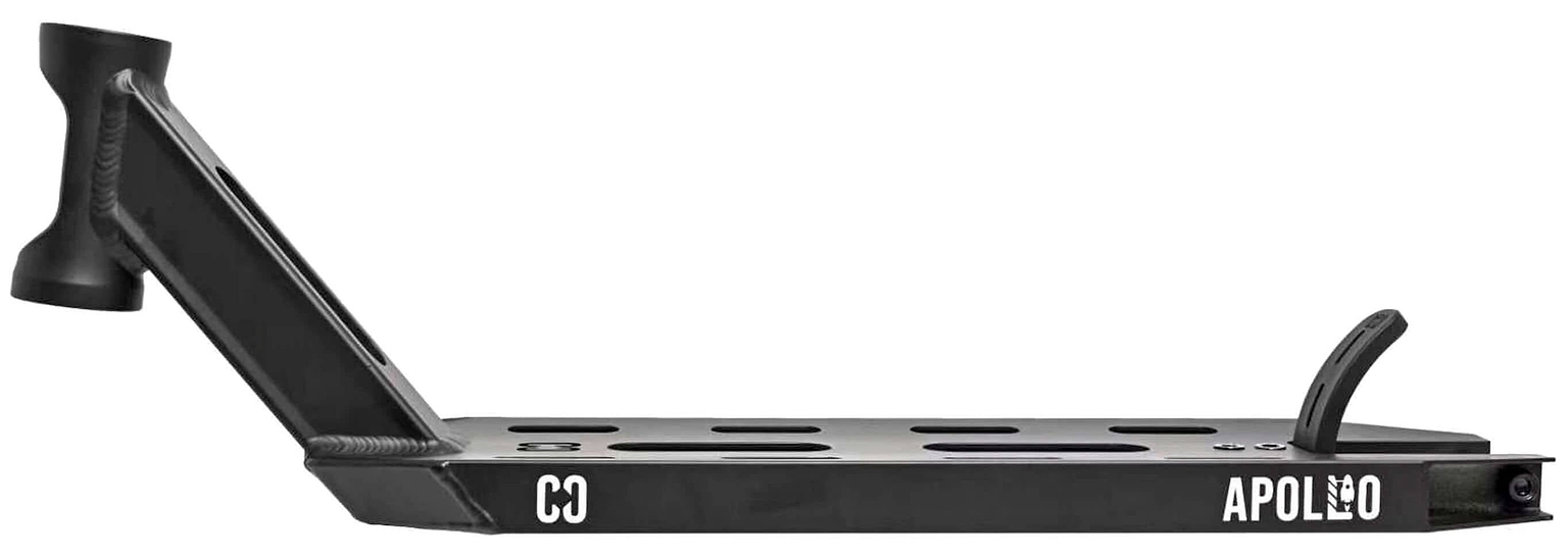The CORE Apollo Black Stunt Scooter Deck - 5" features cutout holes, a raised front for the headset, "APOLLO" printed on the side by the brake, and is lightweight yet durable for stylish performance.
