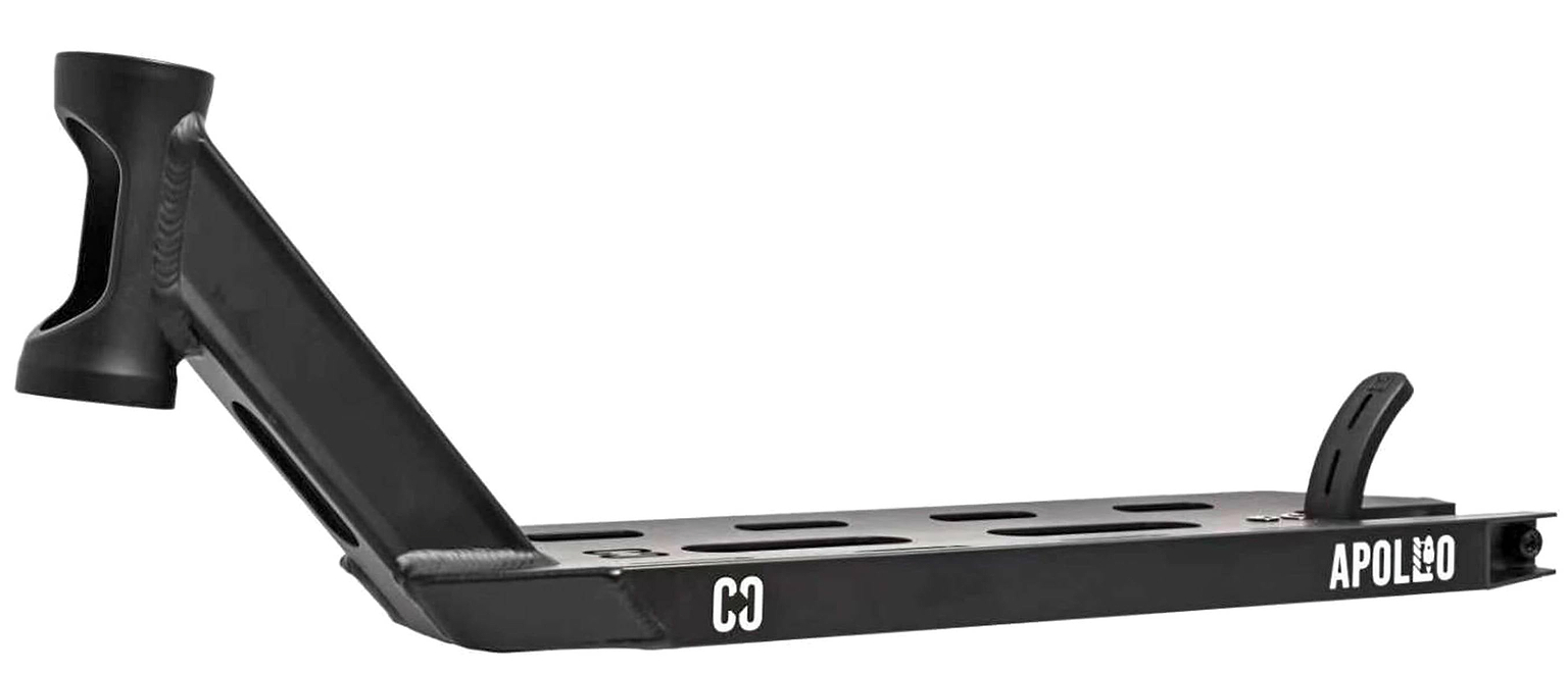 The CORE Apollo Black Stunt Scooter Deck - 5" is a durable black metal deck with cutout holes, an angled head tube, and "APOLLO" printed in white on the side.