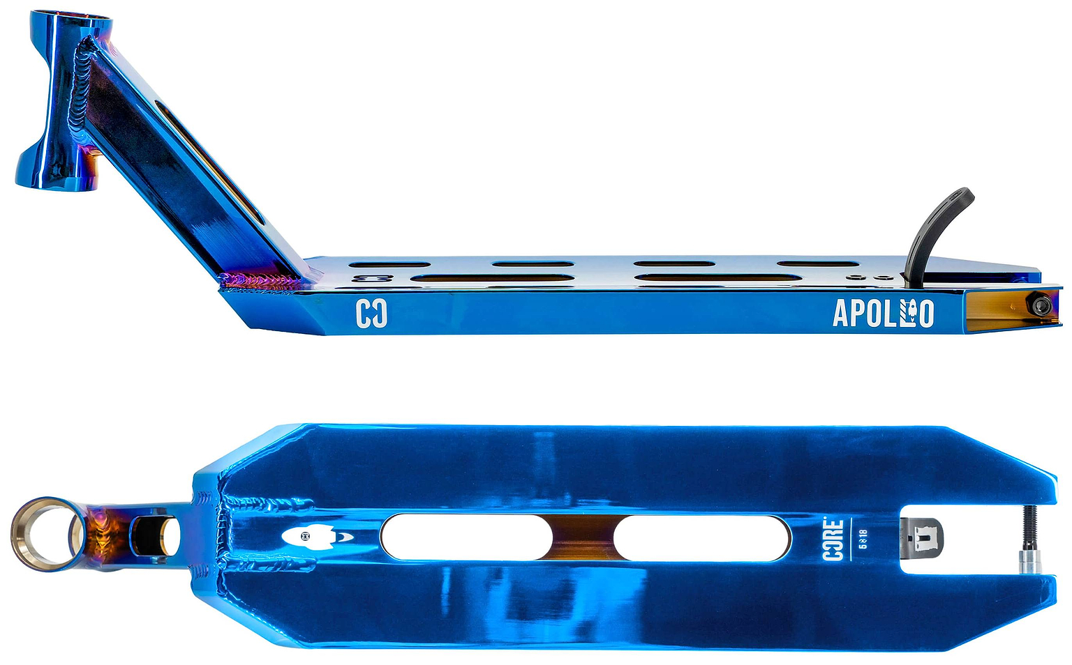 The CORE Apollo Blue Neo Stunt Scooter Deck – 5" features blue metallic finish, "CORE" branding, cut-out sections for reduced weight, an integrated rear brake, and sides with rainbow hues.