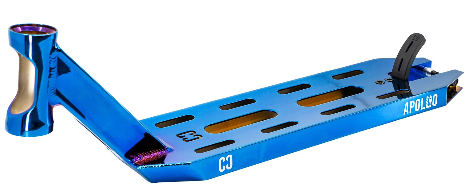 The CORE Apollo Blue Neo Stunt Scooter Deck - 5" features a blue metallic finish with cut-out slots, left-side head tube, right-side brake, and "CORE" branding—ideal for riders wanting a lightweight scooter deck.