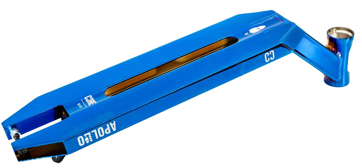 The CORE Apollo Blue Neo Stunt Scooter Deck - 5" is a lightweight blue metal deck with "CORE" branding, a central cutout, and an angled neck for attaching handlebars and the front wheel fork.