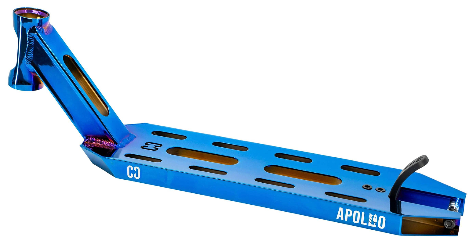 The CORE Apollo Blue Neo Stunt Scooter Deck - 5" features a metallic blue finish, elongated cutout slots, an upward-angled headtube, and "CORE" branding. This lightweight deck is perfect for freestyle or stunt scooter riders.