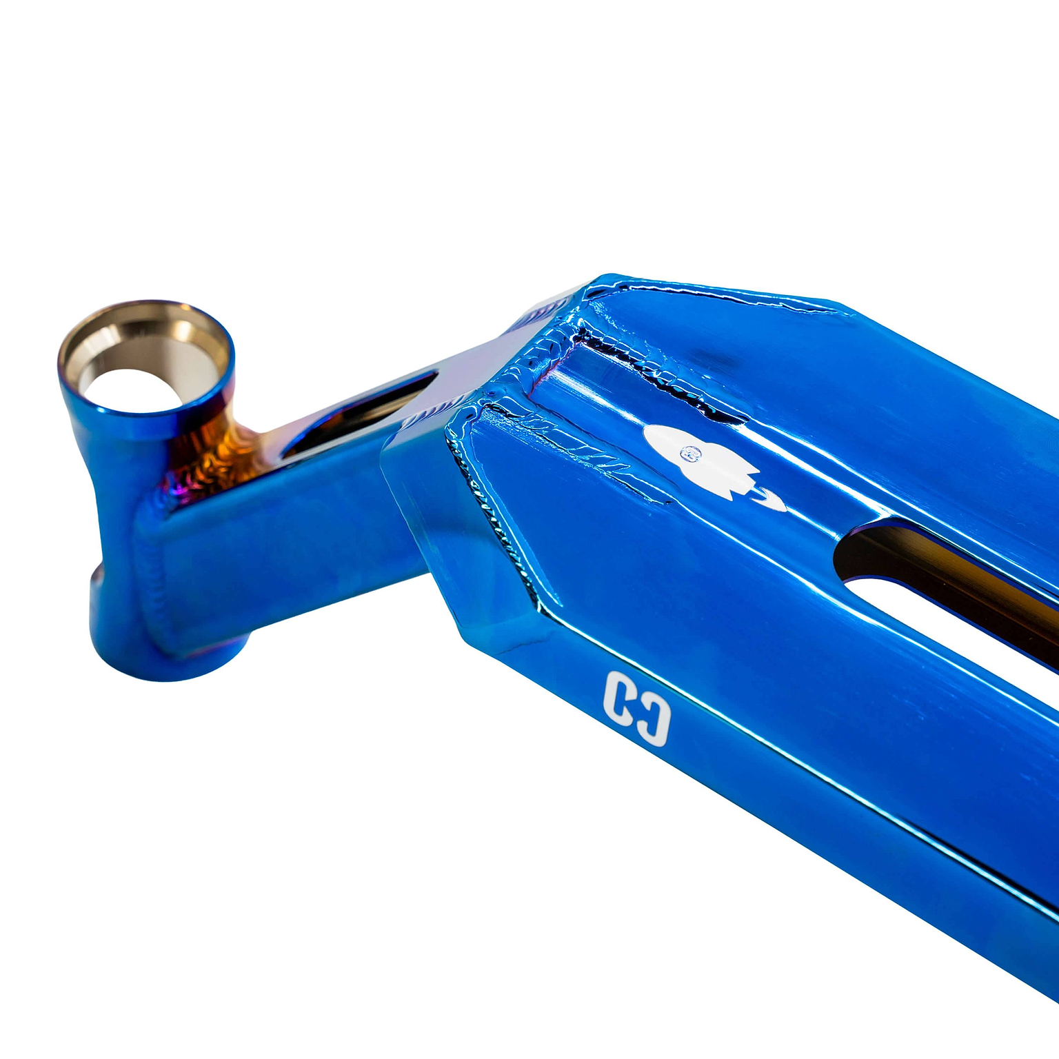 A close-up of the CORE Apollo Blue Neo Stunt Scooter Deck - 5", featuring a metallic blue finish, visible welds, a circular cutout near the headtube, and the white "C3" logo on the side.