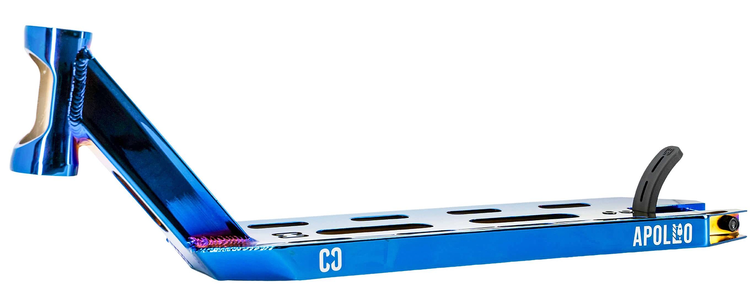 The CORE Apollo Blue Neo Stunt Scooter Deck - 5" is a lightweight, metallic blue deck with cut-out slots, an angled neck, and a white "CORE" logo. It has a glossy finish and is shown on a white background.