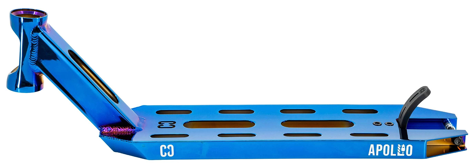 The CORE Apollo Blue Neo Stunt Scooter Deck (5") features a vibrant metallic blue finish with cutout slots, a tilted head tube, "APOLLO" branding on the side, an attached rear brake, and lightweight iridescent metal.