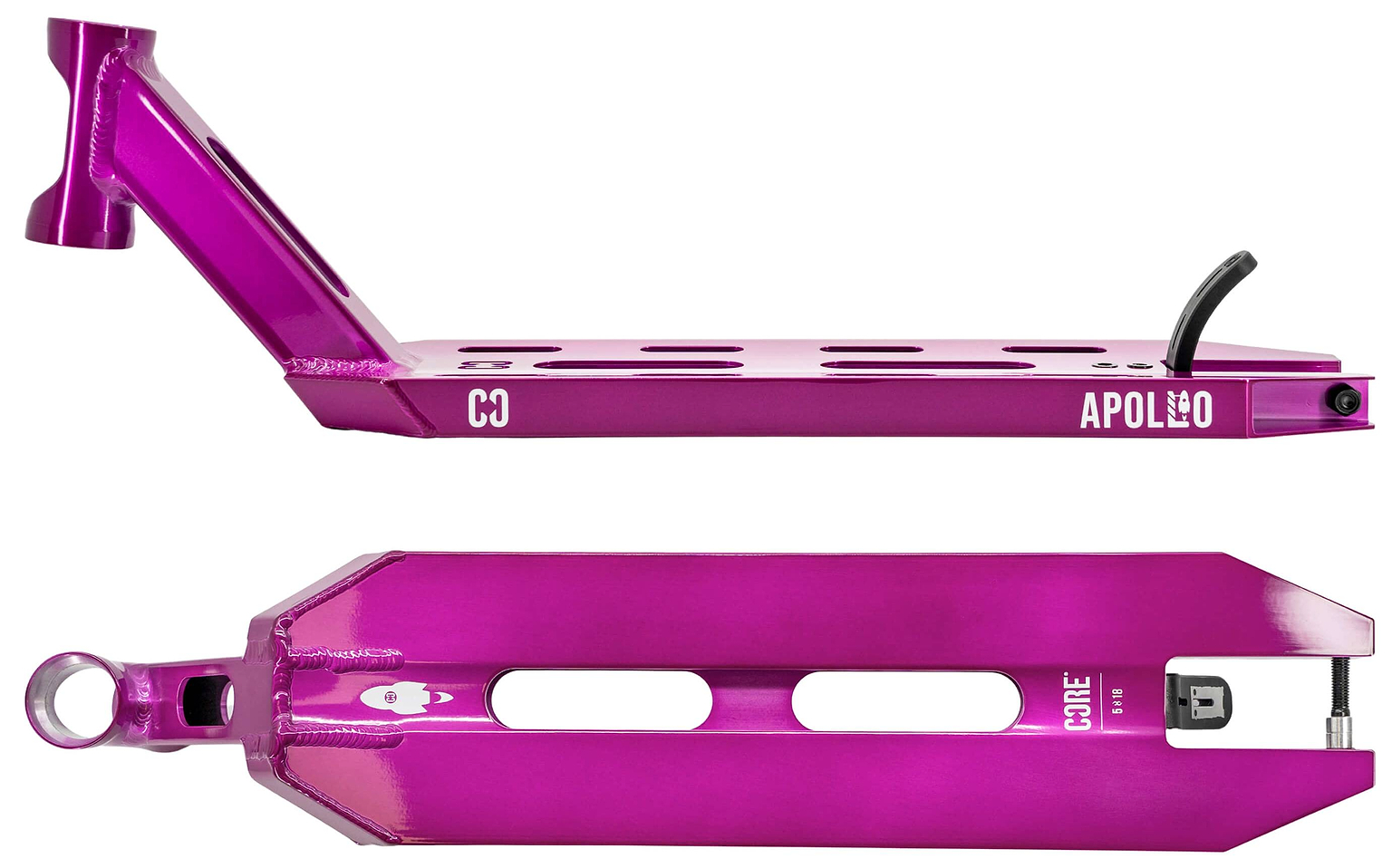 Two views of the CORE Apollo Purple Stunt Scooter Deck - 5": a side angle showing mounting holes and "CORE" branding, plus a bottom view with cutouts, brake, and rear wheel slot. Durable metallic purple finish.