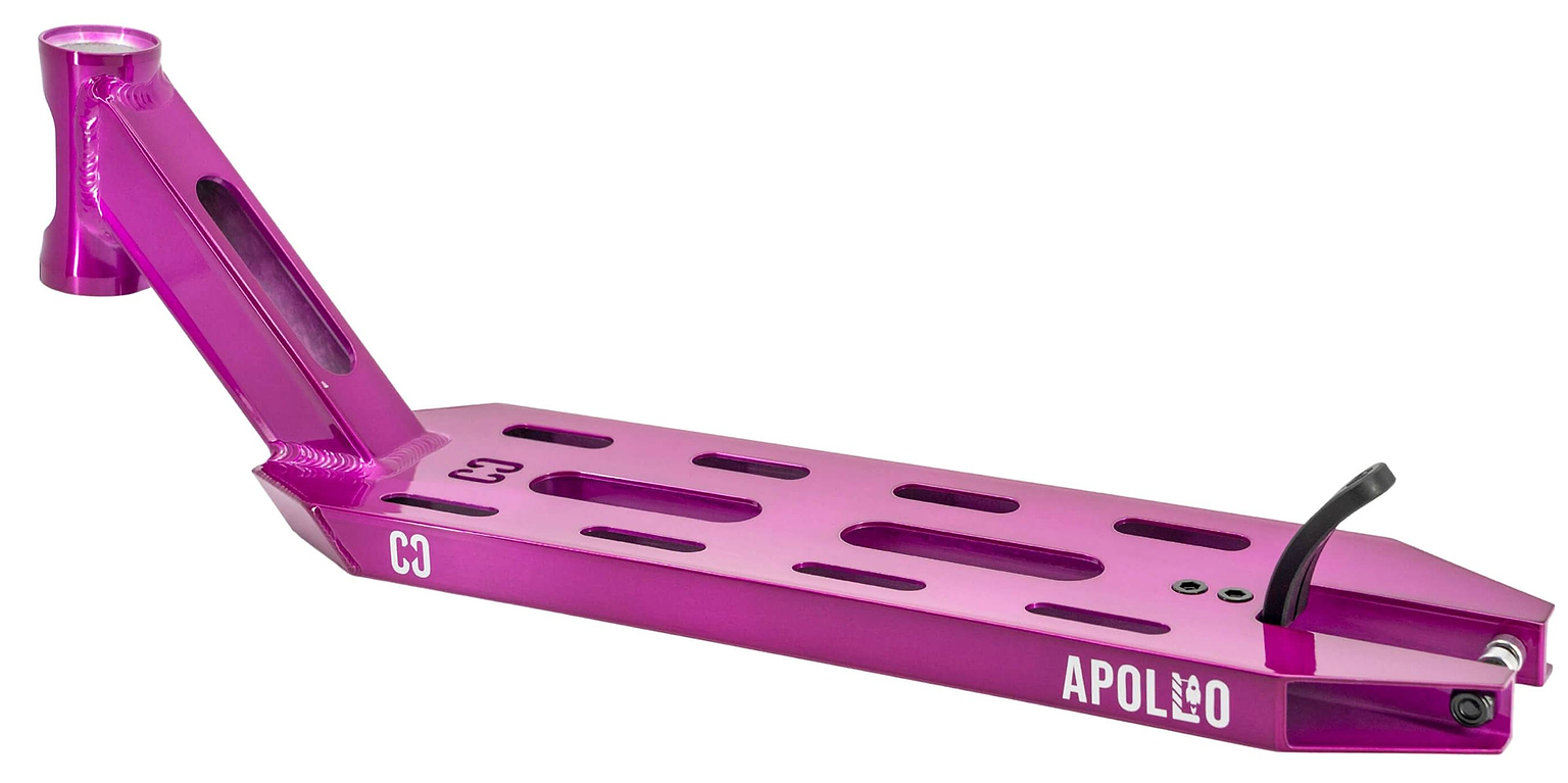 The CORE Apollo Purple Stunt Scooter Deck - 5" by CORE features a metallic pink finish, rectangular cutouts, an angled neck, and “APOLLO” and “CO” on the side. The lightweight deck's brake is rear-mounted.