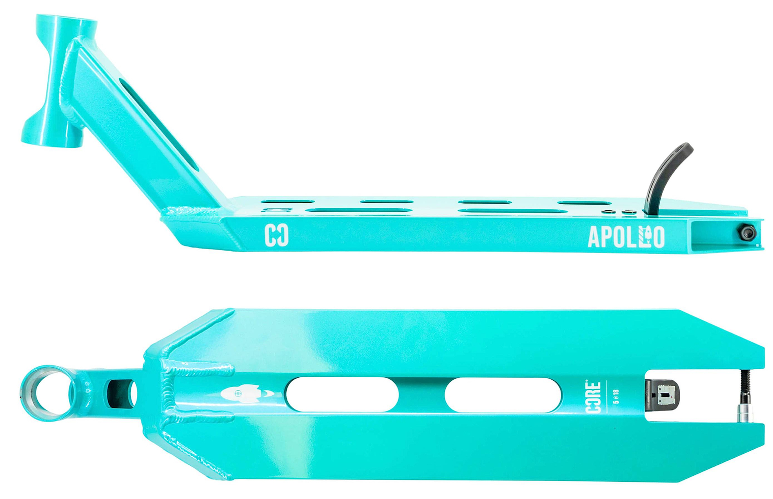 Side and bottom views of the CORE Apollo Teal Stunt Scooter Deck - 5" show weight-reducing cutouts, a rear brake, and “CORE” branding.