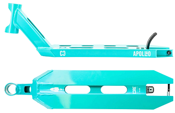 Side and bottom views of the CORE Apollo Teal Stunt Scooter Deck - 5" show weight-reducing cutouts, a rear brake, and “CORE” branding.