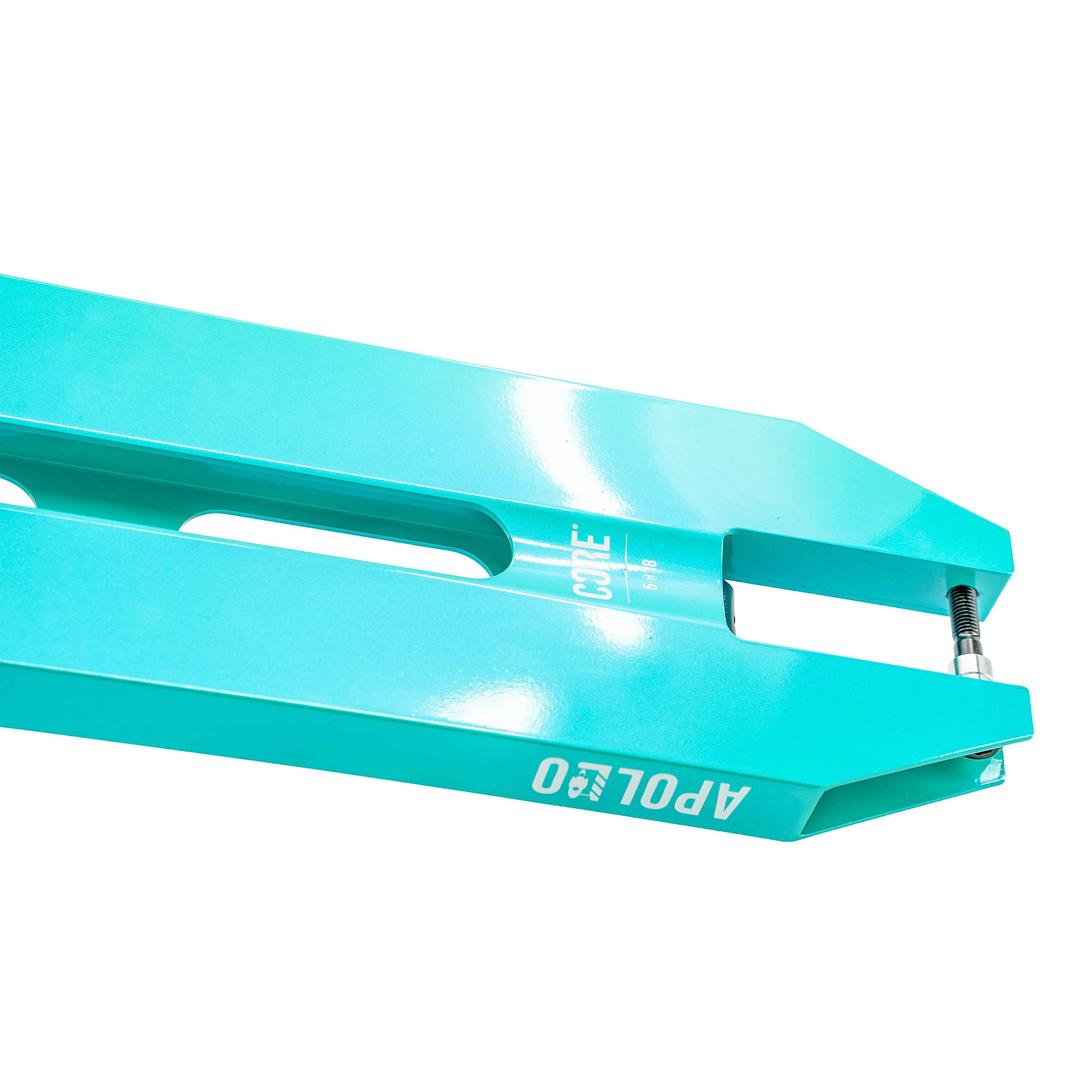 Close-up of a teal metal tool labeled "APOLLO" and "COLT," designed for the CORE Apollo Teal Stunt Scooter Deck - 5" by CORE, featuring an elongated shape with a slot and a small bolt at one end.
