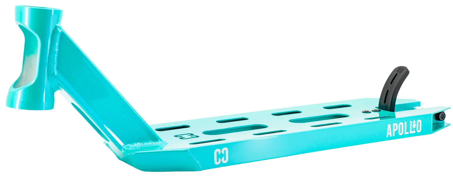 The CORE Apollo Teal Stunt Scooter Deck - 5" features cut-out slots for reduced weight, a black rear brake, and "APOLLO" branding on the side.