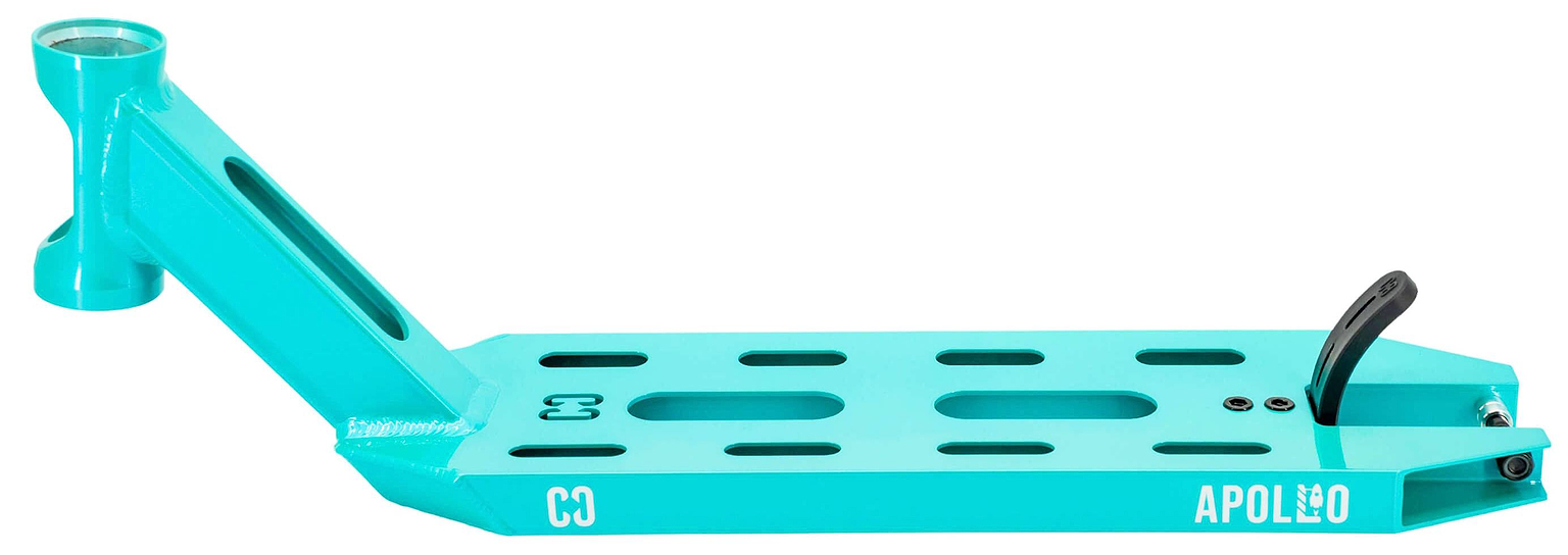 The CORE Apollo Teal Stunt Scooter Deck - 5" by CORE features a teal rectangular design, cut-out slots, a raised neck for handlebars, and "APOLLO" printed near the rear wheel. This lightweight deck combines performance with style.