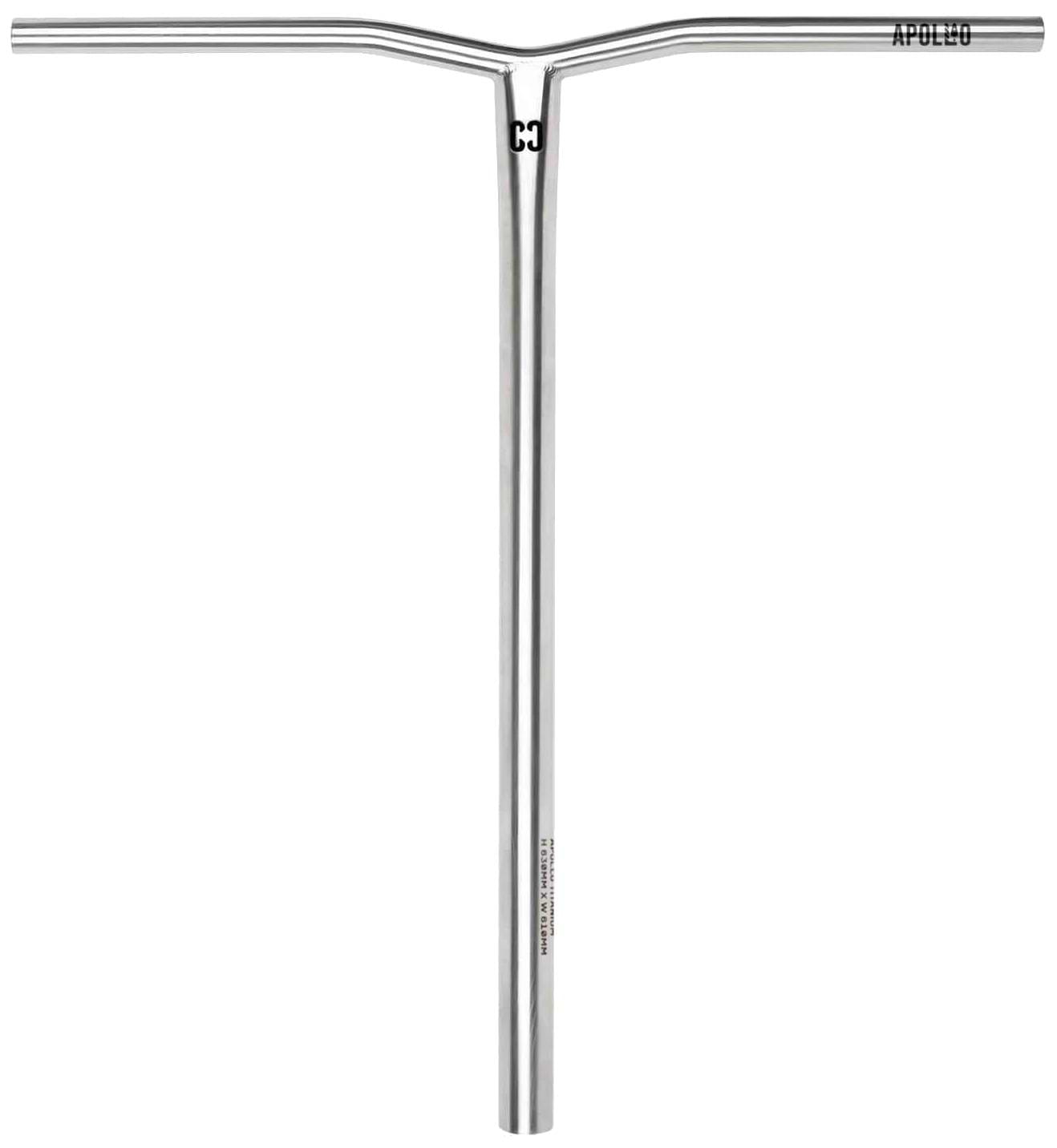 A raw titanium scooter handlebar with a T-shaped design, inspired by CORE bars, featuring “CORE” branding near the end of the right handle. Model: Apollo HIC Oversized Stunt Scooter Bars (630mm x 610mm).