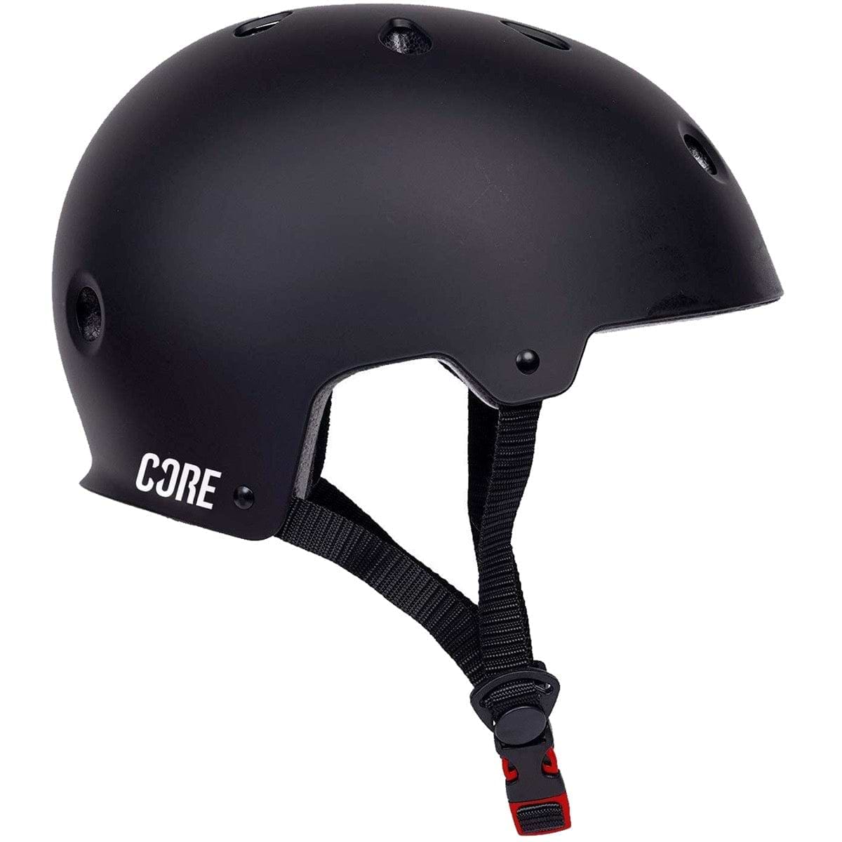 The CORE Action Sports Skate / Scooter Helmet - Black features a matte finish, ventilation holes, adjustable black straps with a red buckle, and "CORE" in white on the side—perfect for safety and style while skating or scootering.