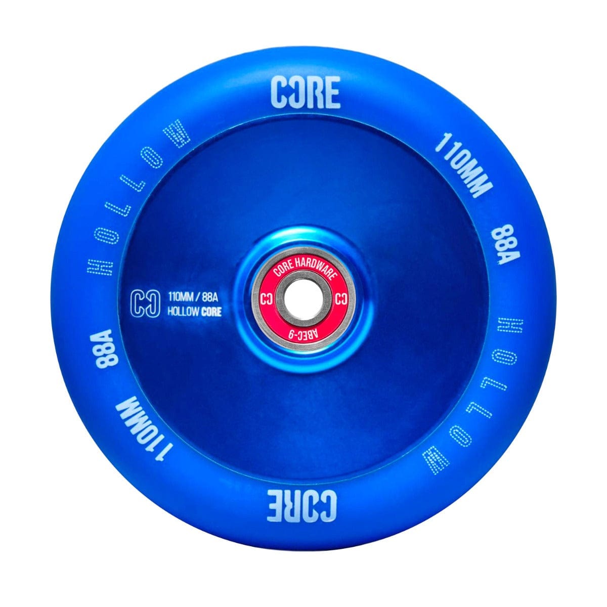 Product Data:
A close-up of the CORE Hollow Core V2 110mm Stunt Scooter Wheel in blue highlights its red ABEC-9 bearings. The wheel's Hollow Core Design is emphasized, featuring a 110mm diameter and an 88A hardness rating, with "CORE" and "Hollow" prominently displayed in white lettering.