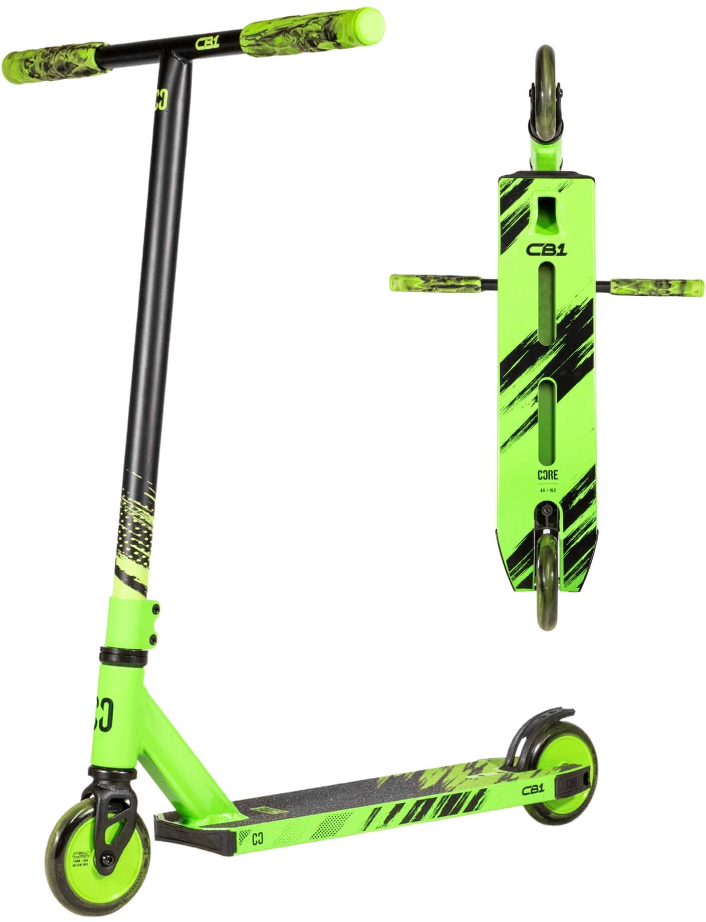 The CORE CB1 Beginner Complete Stunt Scooter by CORE, shown here in black and green, features a T-shaped handlebar, black wheels, and a deck with bold black diagonal stripes. Displayed from both the side and top views, this scooter is an ideal choice for kids getting started with stunt scootering.