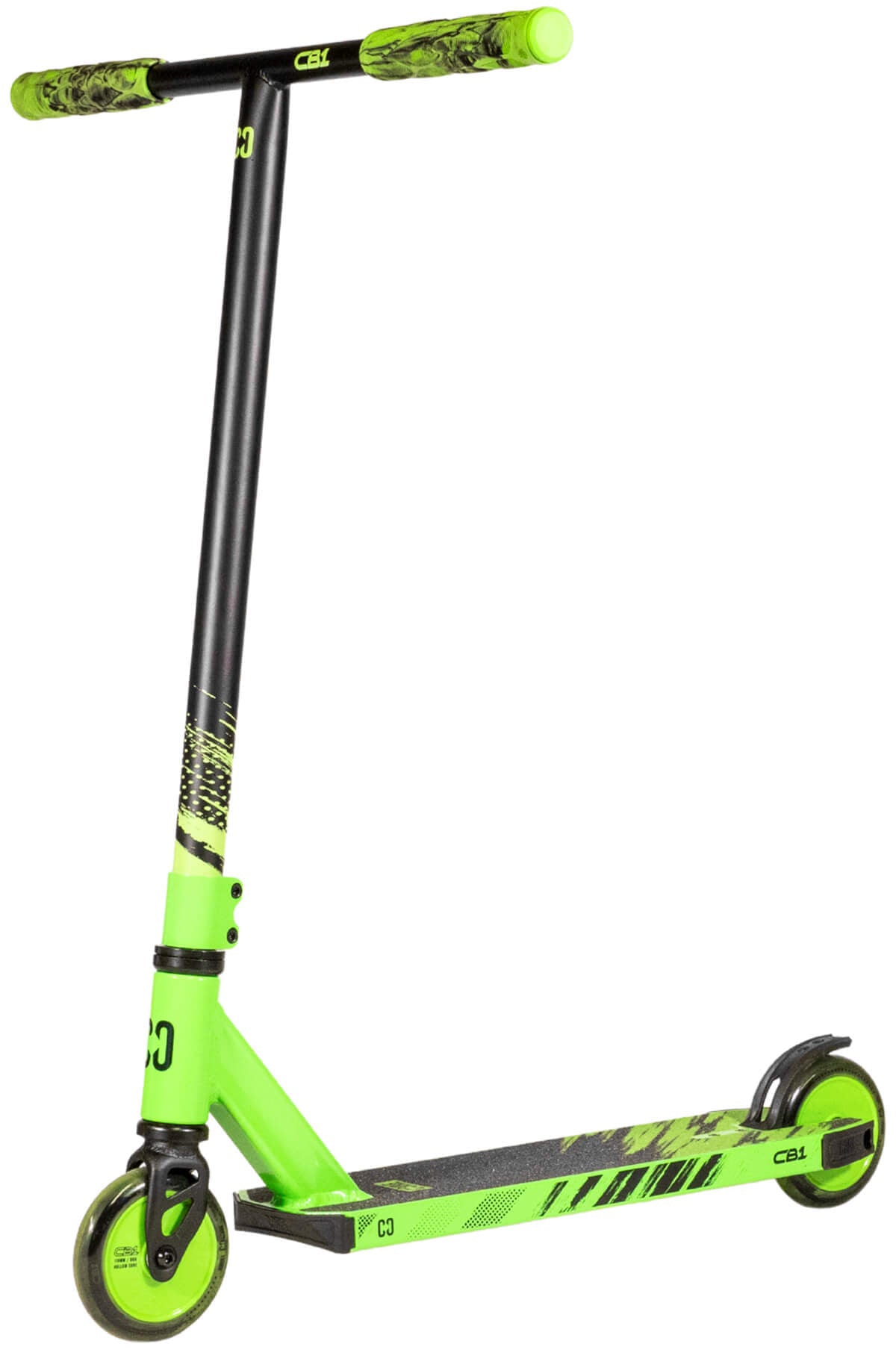 A CORE CB1 Beginner Complete Stunt Scooter by CORE in black and neon green features a sturdy deck, two small wheels, and patterned handlebars, standing upright on a white background.