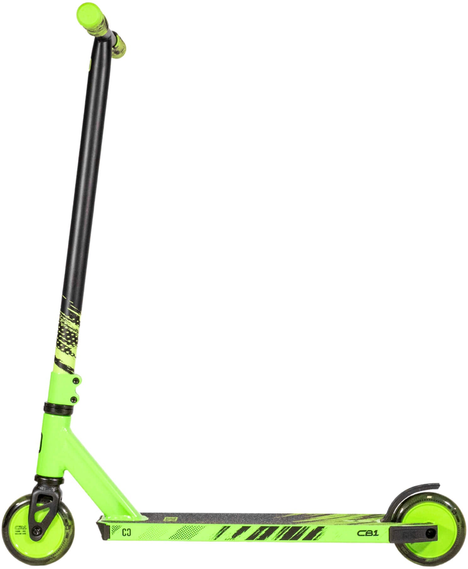 A vibrant black and neon green CORE CB1 Beginner Complete Stunt Scooter by CORE, featuring two wheels, a long handlebar, and a textured deck—displayed from the side against a white background—making it an ideal choice for kids starting out with stunt scootering or learning new tricks in style.