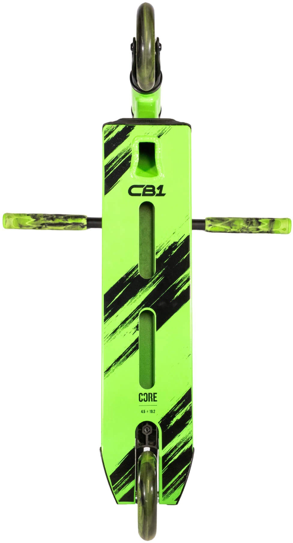 Top-down view of the CORE CB1 Beginner Complete Stunt Scooter by CORE in black and green, featuring two wheels and horizontally extended handlebars. The deck displays "CB1" and "CORE" in black text, making it an ideal stunt scooter for beginners.