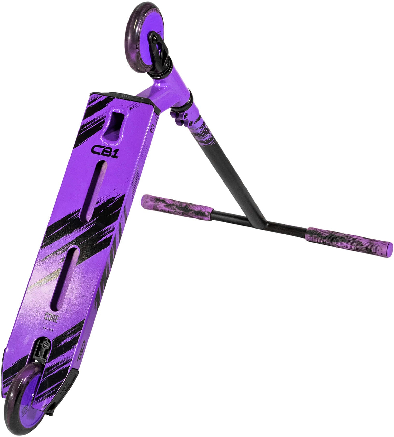 The CORE CB1 Beginner Complete Stunt Scooter by CORE, shown in black and purple with a bold splatter pattern design, is displayed tilted upward to showcase its deck, wheels, and handlebars—making it an ideal kids trick scooter or beginner stunt scooter.