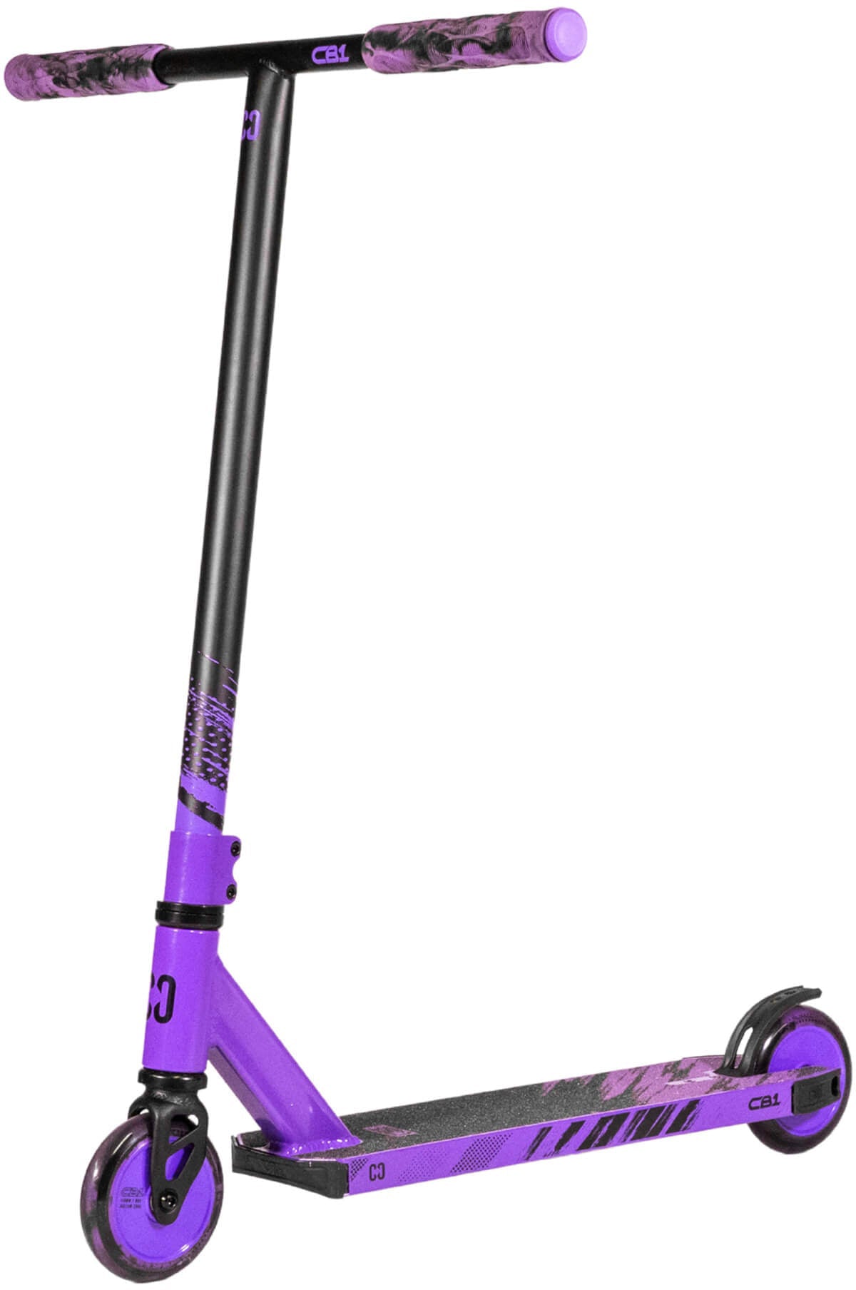 A black and purple CORE CB1 Beginner Complete Stunt Scooter by CORE stands upright on a white background, featuring a T-bar handle, two wheels, and a textured foot deck. Designed especially for young riders, this kids trick scooter is perfect for beginners looking to build confidence while mastering new stunt skills.