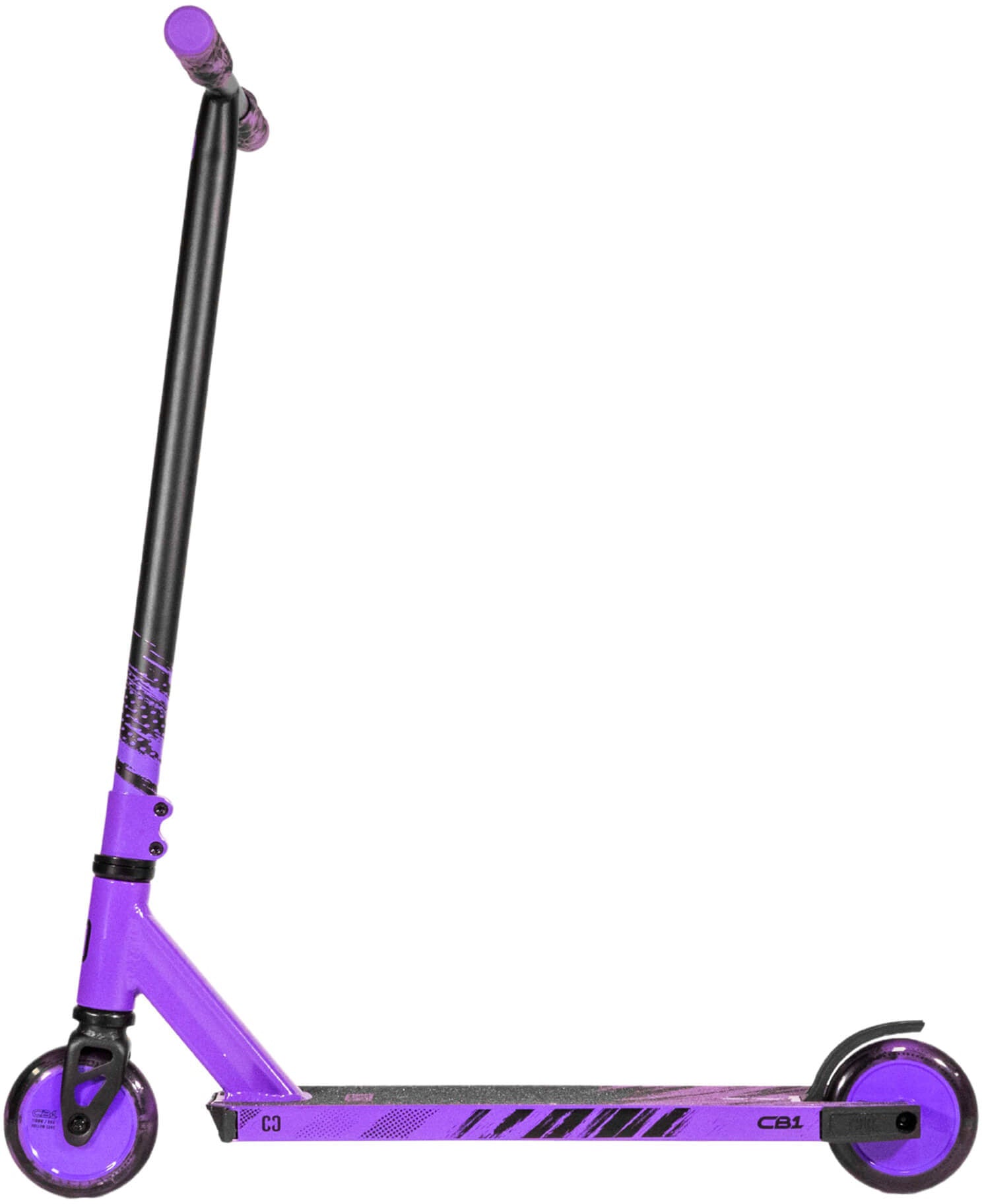 The CORE CB1 Beginner Complete Stunt Scooter by CORE, shown here in black and purple, features two wheels, an upright handlebar, and a textured foot deck against a plain white background. Designed as an ideal first stunt scooter for kids, it’s perfect for those ready to try their initial tricks.
