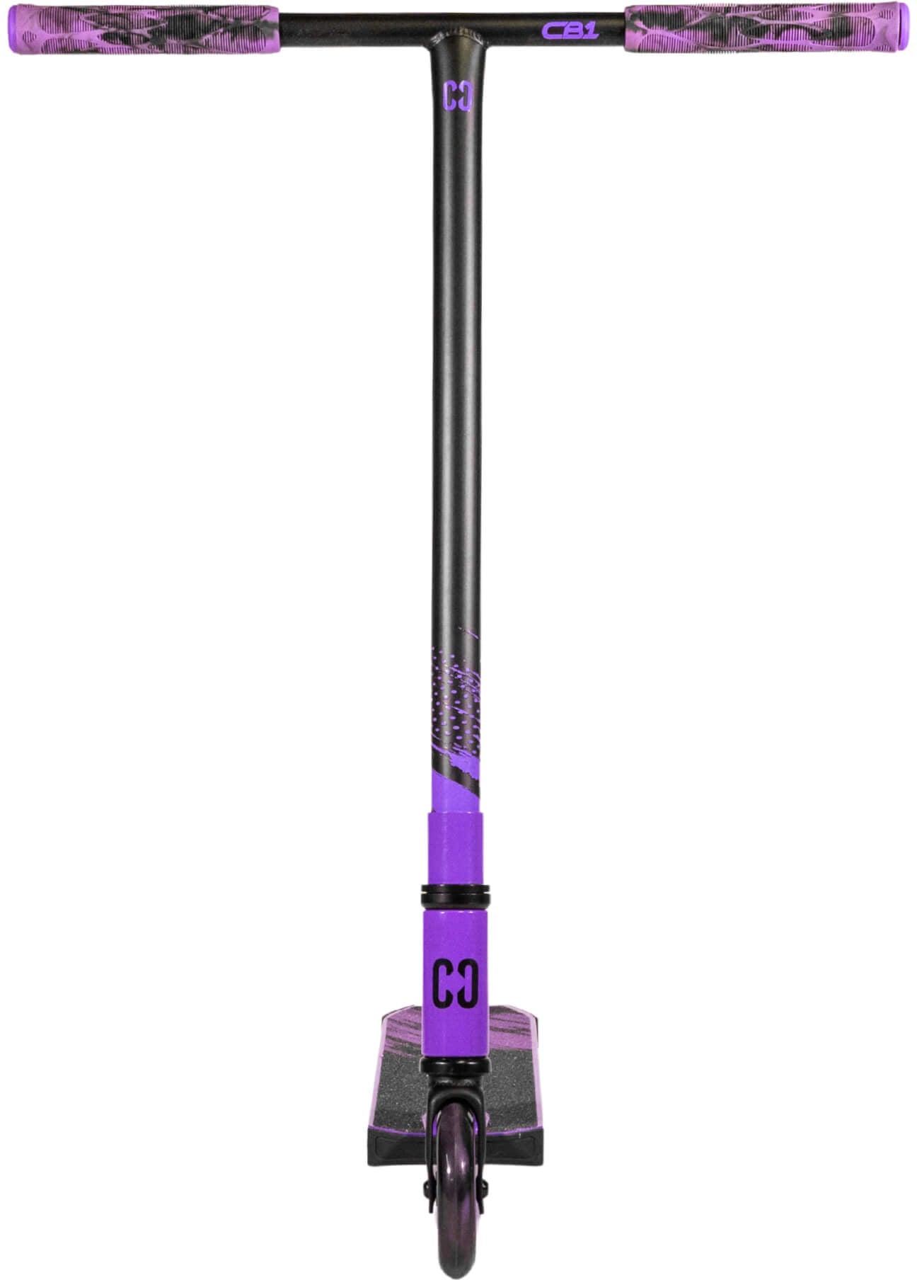 The CORE CB1 Beginner Complete Stunt Scooter in Black/Purple by CORE is shown from the front, featuring T-shaped handlebars, a single front wheel, and "CB" lettering on the stem and deck—an ideal choice for kids starting out and eager to learn new scooter tricks.