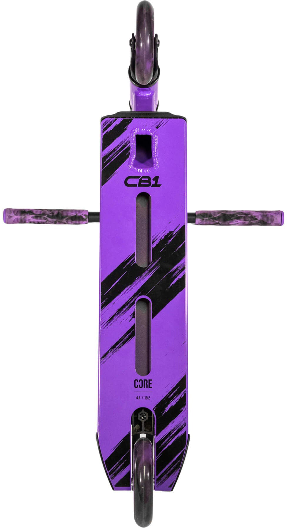 Top-down view of the CORE CB1 Beginner Complete Stunt Scooter by CORE in Black/Purple, featuring a purple scooter deck with black diagonal stripes, two purple handlebar grips extended horizontally, and black wheels at the top and bottom—ideal as a beginner stunt scooter or kids trick scooter.
