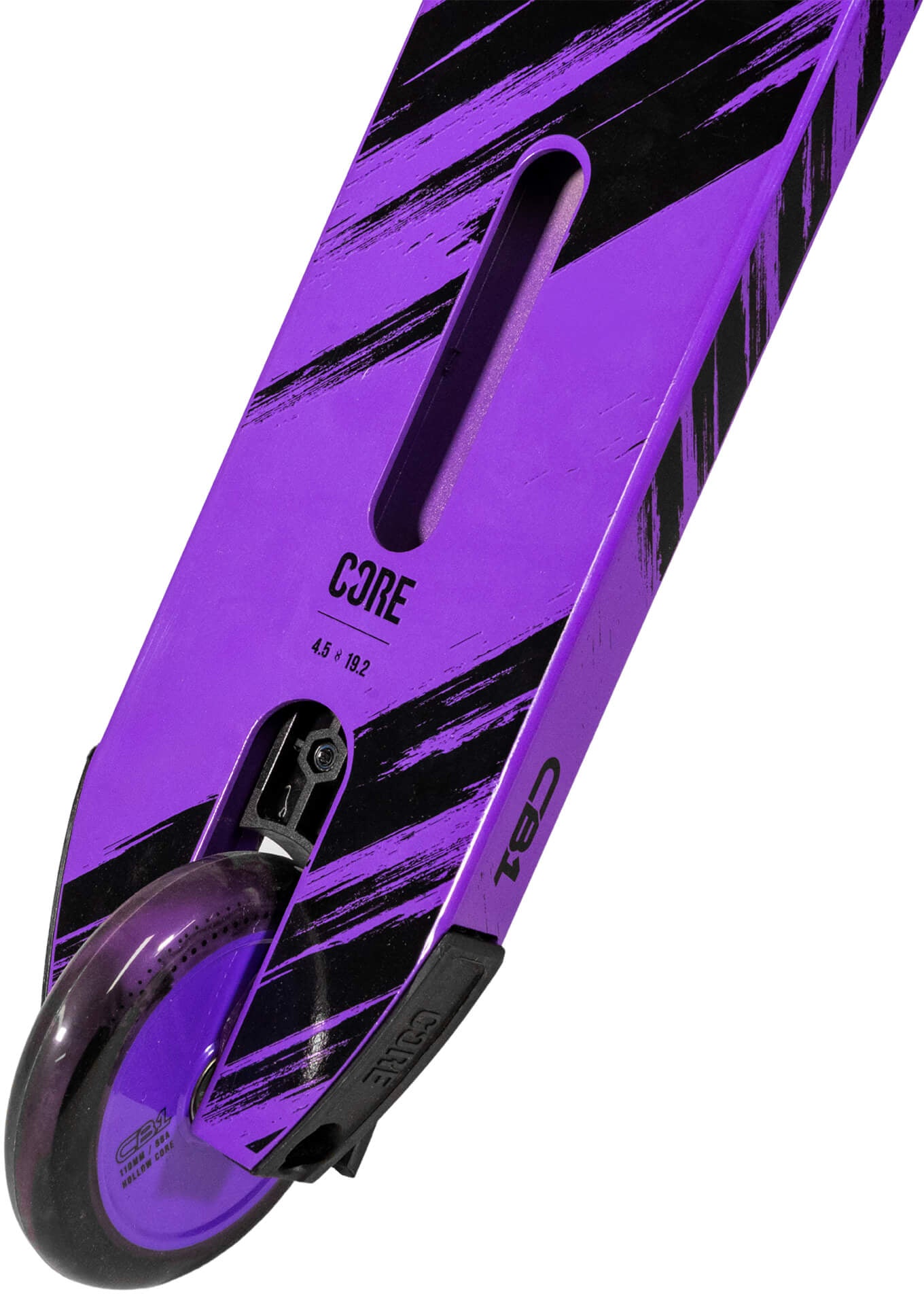 Close-up of the CORE CB1 Beginner Complete Stunt Scooter deck in Black/Purple, featuring black diagonal streaks and displaying one wheel along with a view of the deck’s underside, where the CORE brand logo and model details are visible. Ideal as a kids trick scooter or beginner stunt scooter, this model delivers both style and durability for young riders.