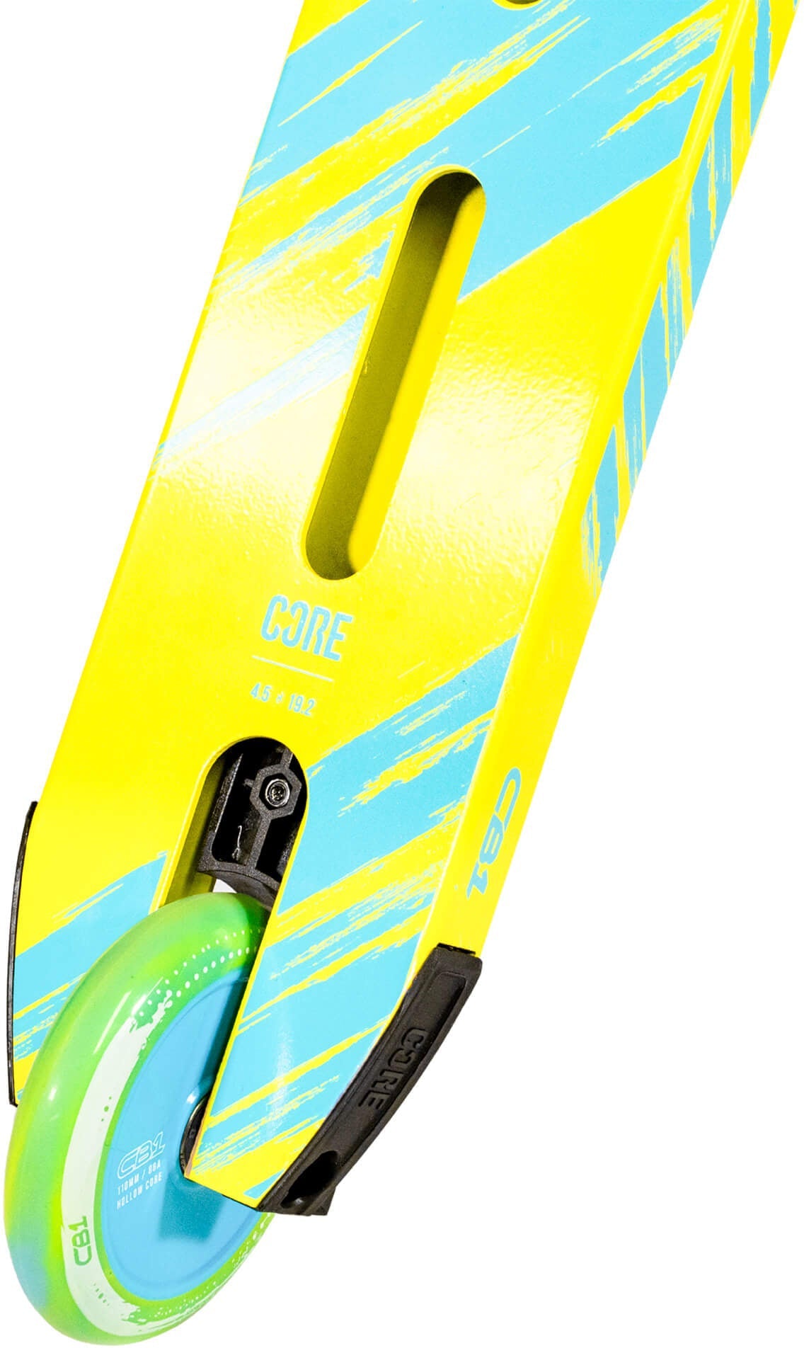 Here is a rewritten version of your sentence using the provided product data: Close-up of the CORE CB1 Beginner Complete Stunt Scooter by CORE, featuring a vibrant highlighter yellow and blue deck design with a green and blue wheel attached at the end. The deck displays the "CORE" brand name and model details, making this stylish scooter an excellent choice for beginners looking to get into stunt riding.