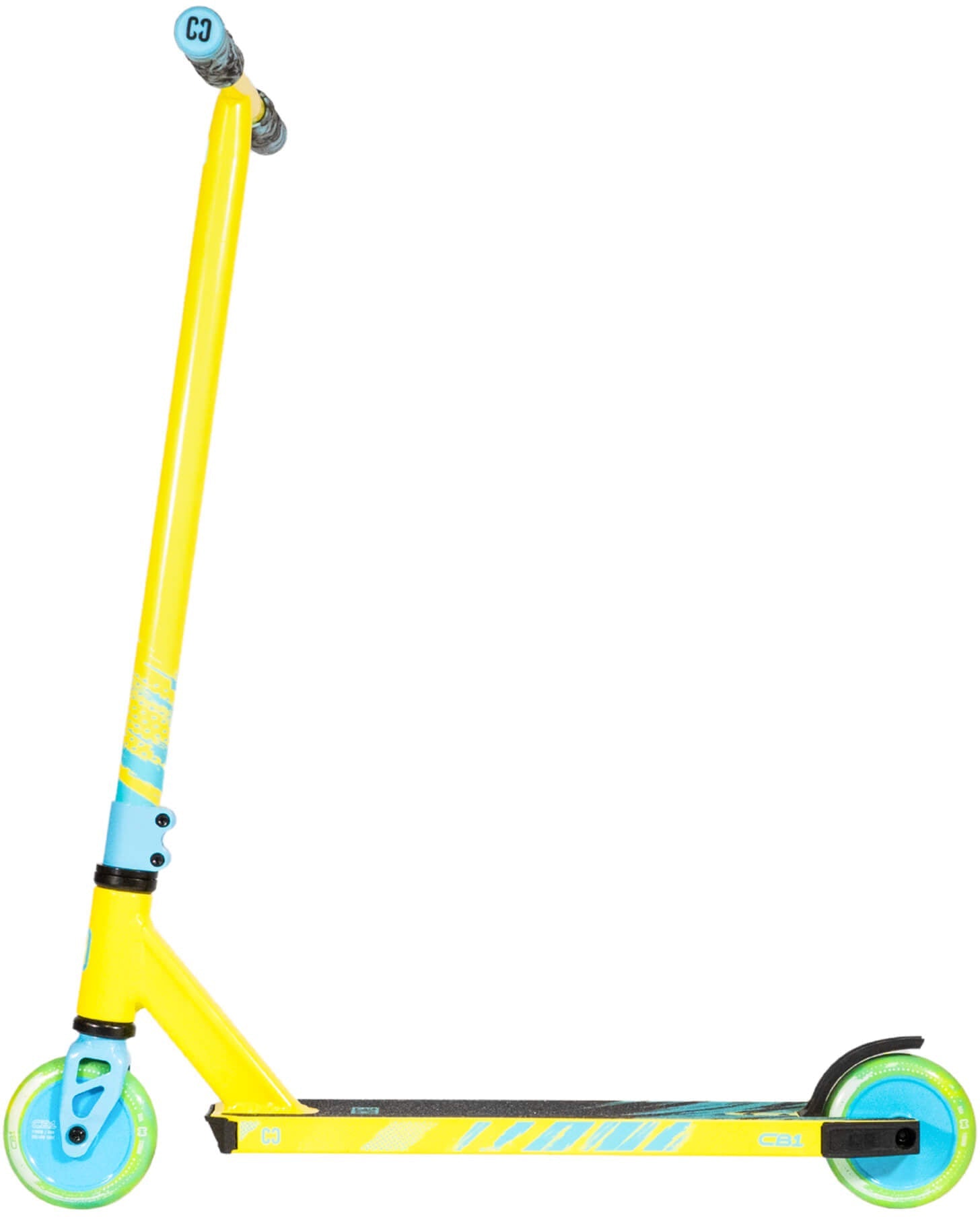 A CORE CB1 Beginner Complete Stunt Scooter by CORE in Highlighter Yellow and Blue with green wheels, displayed from the side on a white background.
