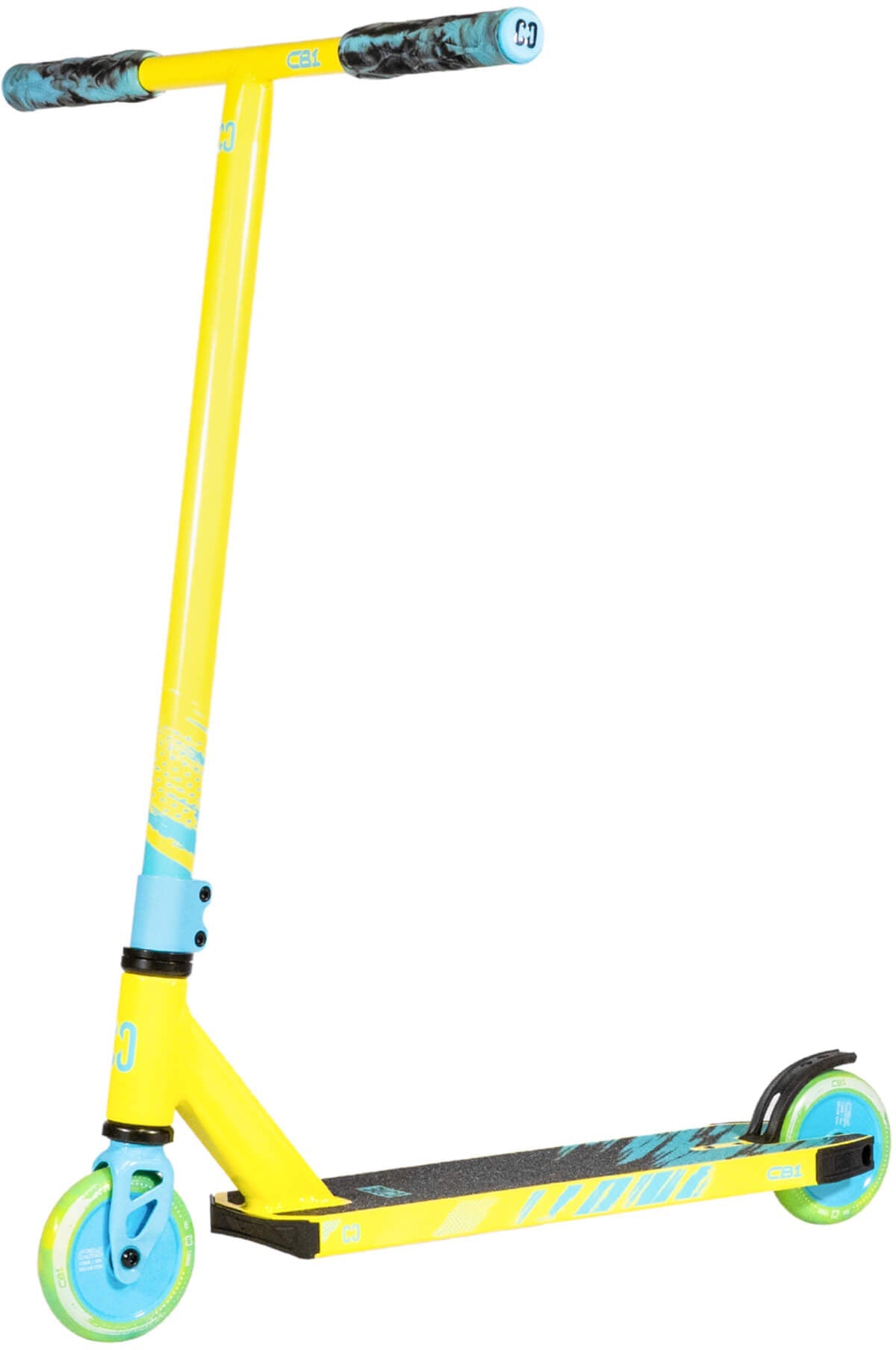 The CORE CB1 Beginner Complete Stunt Scooter in Highlighter Yellow and Blue by CORE features green wheels, black grip tape on the deck, and patterned grips on the handlebars. The beginner stunt scooter is positioned upright on a white background.