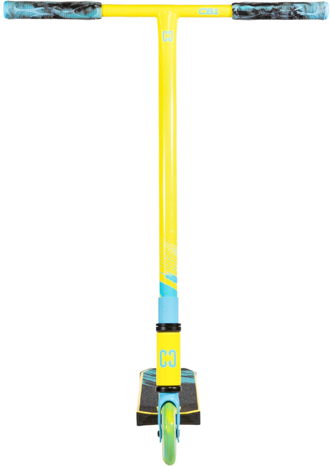 The CORE CB1 Beginner Complete Stunt Scooter by CORE is shown from the front against a white background, featuring a highlighter yellow and blue color scheme, a single green front wheel, black grip handles, and a narrow deck—ideal for beginners.